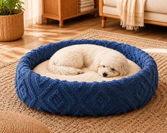Blue Boho Chenille Dog Bed, Cozy Calming Pet Cushion, Washable Tufted Lounger