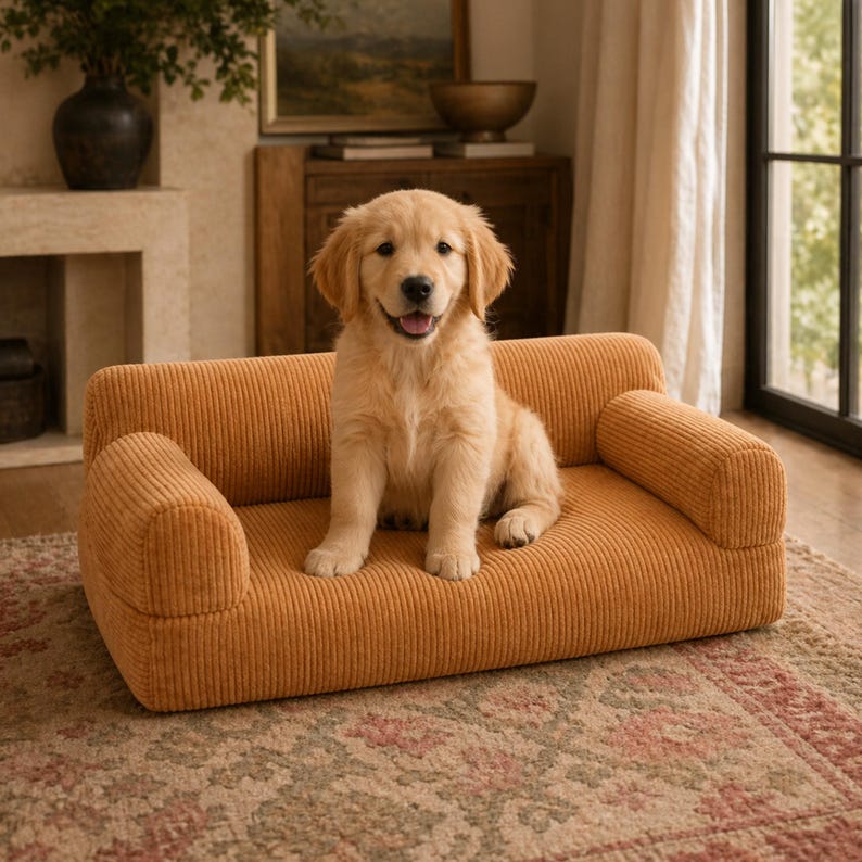 K&ouml;nnte beinhalten: Ein junger Golden Retriever sitzt auf einem kleinen, senffarbenen Hundesofa aus Cord. Das Sofa hat abgerundete Armlehnen und eine niedrige R&uuml;ckenlehne. Der Welpe schaut in die Kamera. Das Sofa steht auf einem gemusterten Teppich.