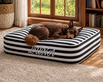 Personalized Black Striped Dog Bed with Name, Custom Pet Bed for Dogs and Cats, Modern Washable Dog Cushion, Luxury Pet Mattress