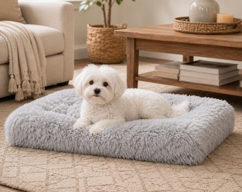 Calming Shaggy Pet Bed, Long Plush Dog Cat Cushion, Easy Clean Rectangle Puppy Bed