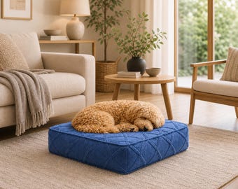 Boho Style Washable Pet Bed, Blue Textured Dog and Cat Cushion, Cozy Rectangle Pet Mattress, Soft Quilted Indoor Bed for Pets