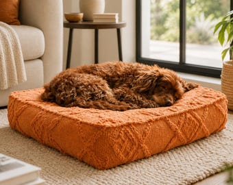 Boho Textured Pet Bed, Washable Orange Plush Cushion, Cozy Rectangle Pet Sofa