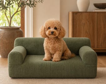 Personalized Corduroy Pet Sofa Bed, Custom Dog Couch, Embroidered Pet Furniture