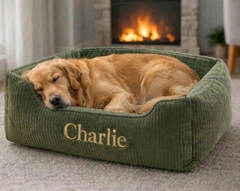 Personalized Corduroy Pet Bed, Embroidered Dog Cat Sofa, Cozy Washable Pet Mat