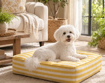 Personalized Yellow Striped Dog Bed with Name, Custom Pet Bed for Dogs and Cats, Cozy Puppy Cushion, Bright Washable Dog Mattress