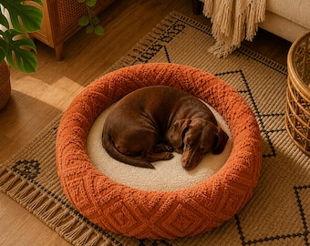 Boho Orange Round Pet Bed, Cozy Calming Chenille Dog Cushion, Washable Cat Bed