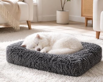 Dark Gray Shaggy Pet Bed, Cozy Rectangle Cushion, Soft Plush Dog Cat Bed