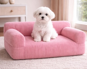 Personalized Pink Corduroy Pet Sofa Bed, Embroidered Dog Couch, Modern Cat Furniture