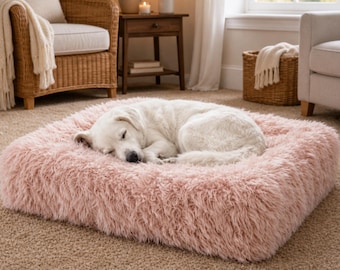 Powder Pink Shaggy Pet Bed, Cozy Rectangle Plush Dog Cat Cushion, Anxiety Relief Sofa