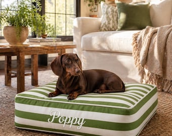 Personalized Green Striped Dog Bed with Name, Custom Pet Bed for Dogs and Cats, Cozy Washable Pet Cushion, Cottage Style Dog Bed