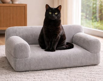 Personalized Gray Corduroy Pet Sofa Bed, Modern Orthopedic Dog Couch, Embroidered Cat Furniture