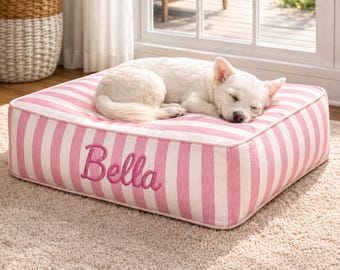 Personalized Pink Striped Pet Bed, Orthopedic Cozy Cushion, Washable Dog Cat Bed
