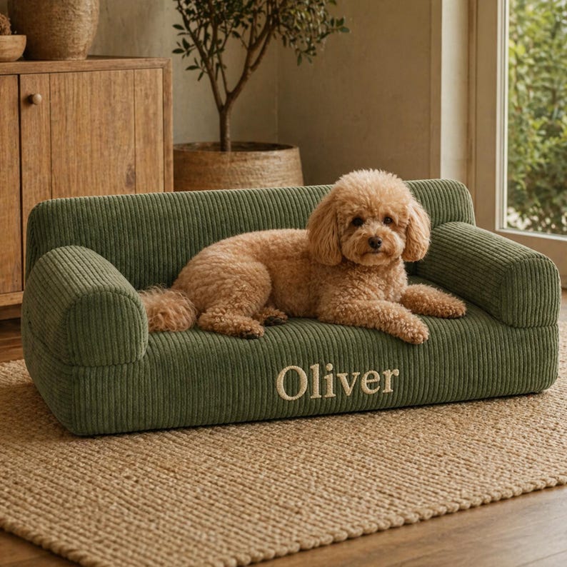 K&ouml;nnte beinhalten: Ein gr&uuml;nes Hundesofa aus Cord mit dem Namen "Oliver" in Wei&szlig; gestickt. Ein kleiner, hellbrauner Hund liegt auf dem Sofa. Das Sofa hat Armlehnen und steht auf einem gewebten Teppich.