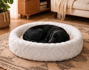 Boho Tufted Chenille Dog Bed, Cozy Calming Round Pet Cushion, Washable Cat Bed