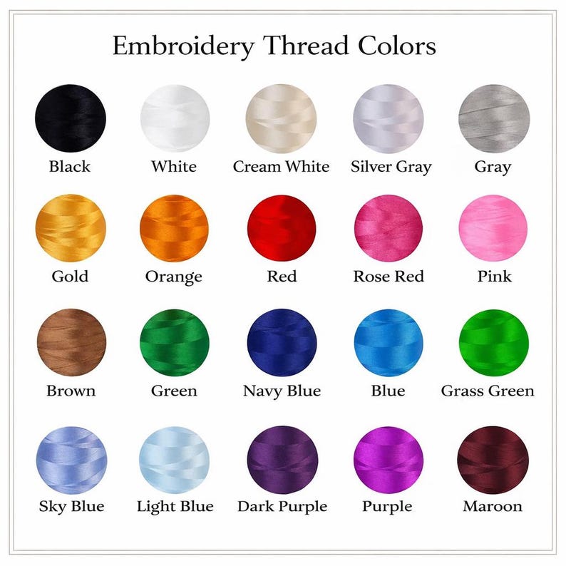 K&ouml;nnte beinhalten: Eine Farbkarte mit Stickgarnfarben. Die Karte enth&auml;lt eine Vielzahl von Farben wie Schwarz, Wei&szlig;, Cremewei&szlig;, Silbergrau und Grau. Weitere Farben sind Gold, Orange, Rot, Rosenrot und Pink. Zus&auml;tzliche Farben sind Braun, Gr&uuml;n, Marineblau, Blau, Grasgr&uuml;n, Himmelblau, Hellblau, Dunkelviolett, Lila und Kastanienbraun.