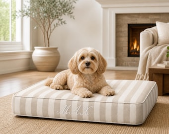 Personalized Beige Striped Dog Bed with Name, Custom Neutral Pet Bed for Dogs and Cats, Minimalist Washable Dog Cushion, Cozy Pet Mattress