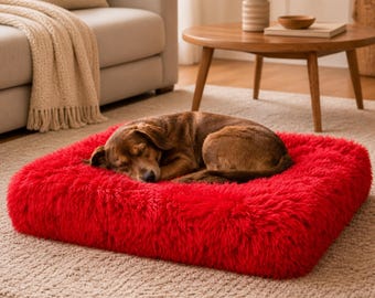 Red Shaggy Pet Bed, Plush Calming Dog Cat Cushion, Orthopedic Support, Easy Clean Rectangle