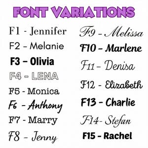 K&ouml;nnte beinhalten: Auf wei&szlig;em Hintergrund wird eine Liste von Schriftartvariationen angezeigt. Der Titel "FONT VARIATIONS" ist in Lila, mit 15 verschiedenen Schriftarten und Namen, darunter Jennifer, Olivia und Marlene. Jede Schriftart ist mit einer F-Nummer gekennzeichnet.