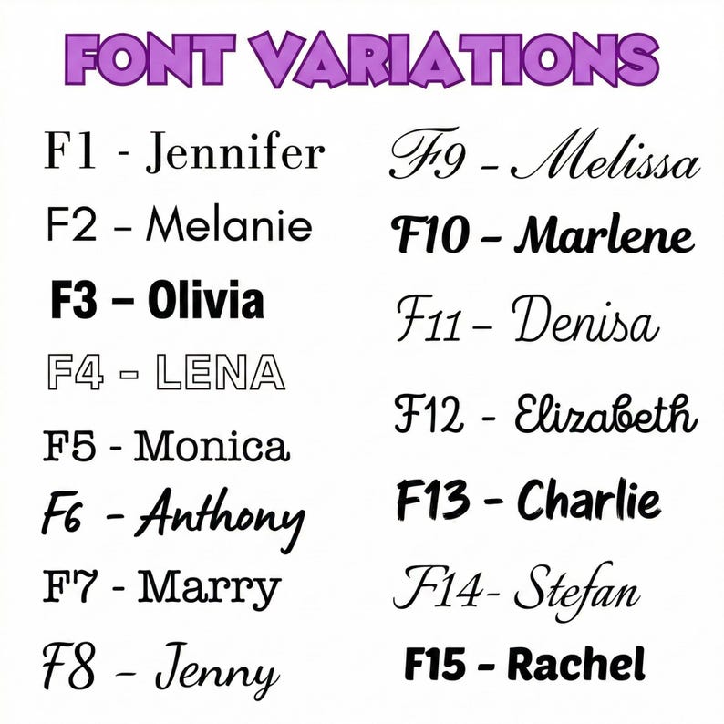 K&ouml;nnte beinhalten: Auf wei&szlig;em Hintergrund wird eine Liste von Schriftartvariationen angezeigt. Der Titel "FONT VARIATIONS" ist in Lila, mit 15 verschiedenen Schriftarten und Namen, darunter Jennifer, Olivia und Marlene. Jede Schriftart ist mit einer F-Nummer gekennzeichnet.