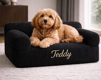 Personalized Corduroy Pet Sofa Bed, Custom Embroidered Dog Couch, Modern Pet Furniture