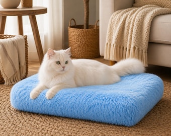 Light Blue Long Plush Pet Bed, Calming Cozy Cushion for Dogs Cats