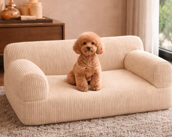 Personalized Beige Pet Sofa Bed, Custom Dog Couch, Cat Sofa Bed, Embroidered Pet Bed, Luxury Small Dog Bed, Corduroy Pet Furniture