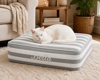 Personalized Gray Striped Dog Bed with Name, Custom Pet Bed for Dogs and Cats, Modern Washable Dog Cushion, Neutral Pet Mattress