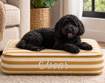 Personalized Latte Striped Dog Bed with Name, Custom Neutral Pet Bed, Cozy Dog Cushion for Small Dogs and Cats, Modern Pet Mattress