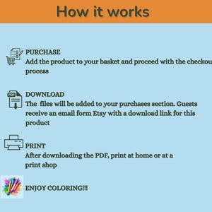 May include: An infographic with the title "How it works" on a light blue background. It details the steps: Purchase, Download, Print, and Enjoy Coloring!!! with corresponding icons and text descriptions.