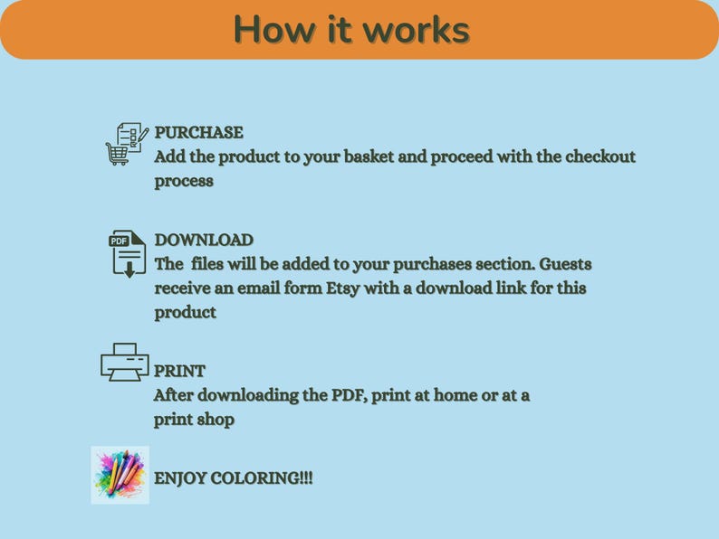 May include: An infographic with the title "How it works" on a light blue background. It details the steps: Purchase, Download, Print, and Enjoy Coloring!!! with corresponding icons and text descriptions.