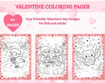Livre de coloriage pour la Saint-Valentin, 50 pages, téléchargement immédiat au format PDF, activité pour enfants et adultes, thème de l'amour
