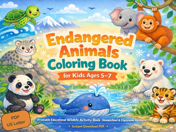 Endangered Animals Coloring Book Printable | Kids Activity PDF | Homeschool Learning Ages 5–7