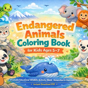 May include: A colorful children's coloring book titled "Endangered Animals Coloring Book" with illustrations of various animals, including a turtle, elephant, monkey, panda, whale, polar bear, and tiger. The book is designed for kids ages 5-7.