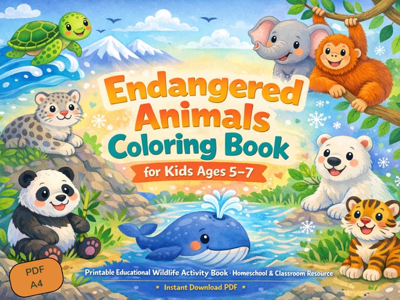 May include: A colorful children's coloring book titled "Endangered Animals Coloring Book" with illustrations of various animals, including a turtle, elephant, monkey, panda, whale, polar bear, and tiger. The book is designed for kids ages 5-7.