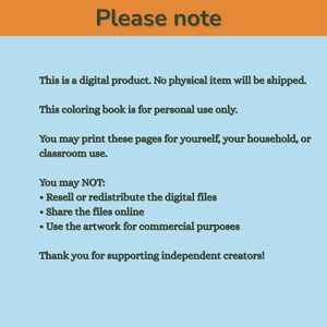 May include: A digital product notice with text on a light blue background. The text, in black, states the product is digital, for personal use, and can be printed. It also lists restrictions on reselling, sharing, and commercial use. An orange banner at the top reads "Please note."