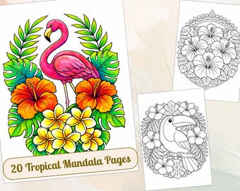 Livre de coloriage mandala tropical - Animaux et dessins botaniques (Téléchargement PDF)