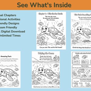 May include: Black and white coloring book pages featuring a sea turtle named Tiko. The pages include educational activities, facts, and illustrations of marine life. The text reads "See What's Inside".