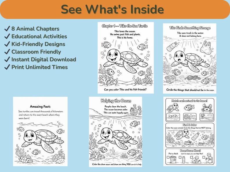 May include: Black and white coloring book pages featuring a sea turtle named Tiko. The pages include educational activities, facts, and illustrations of marine life. The text reads "See What's Inside".