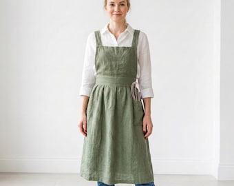 100% Organic Linen Pinafore Apron Dress: Adjustable Heavyweight Retro Farmhouse Kitchen Apron for women