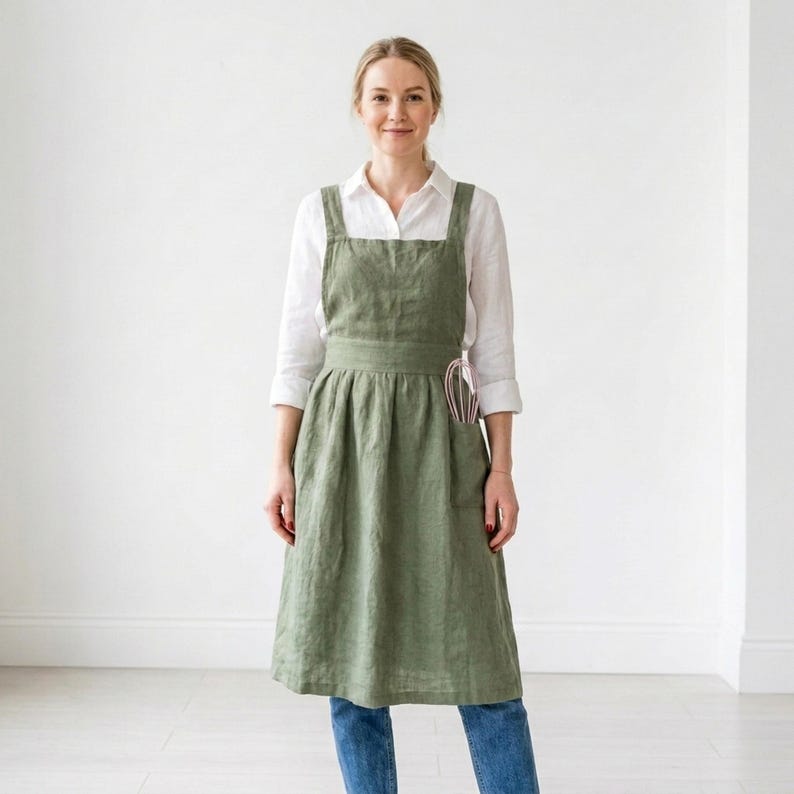 May include: A sage green linen apron with a cross-back design. The apron features a gathered skirt and a waist tie. A white shirt and blue jeans are worn underneath. A pink and white whisk is tucked into the apron pocket.