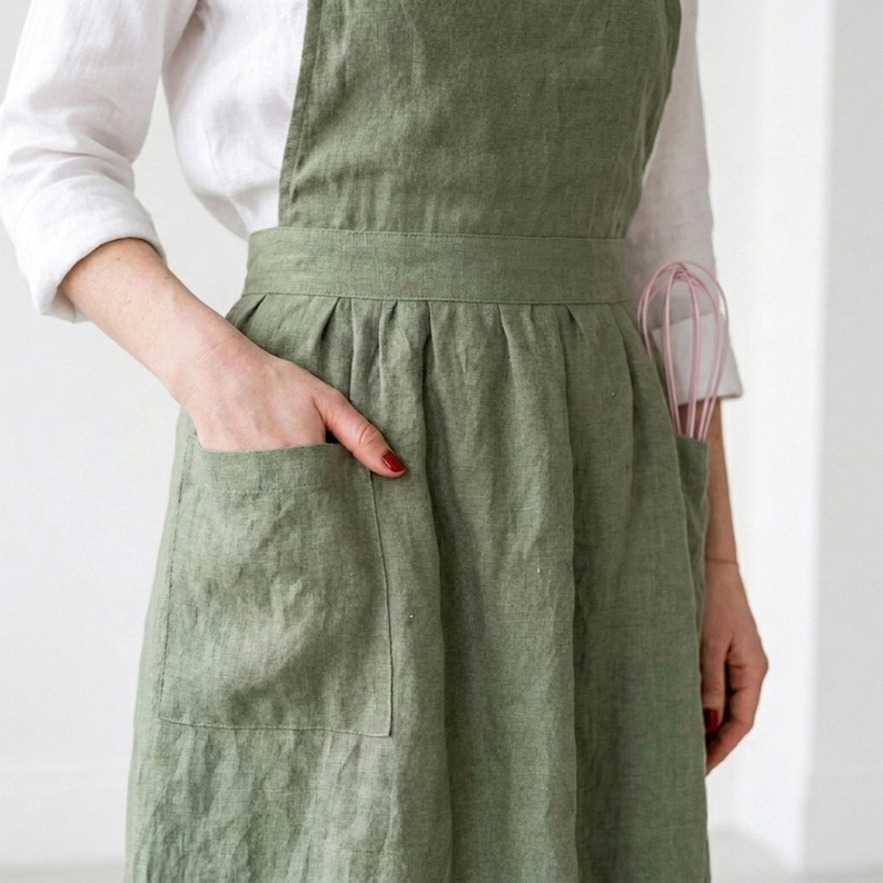 May include: A sage green linen apron with two large front pockets. A pink whisk is tucked into the right pocket. The apron is worn over a white long-sleeved shirt. The apron has a simple, classic design.