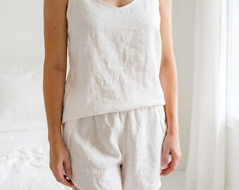 100% European Linen Camisole and Shorts Pajama Set: Lightweight Loungewear