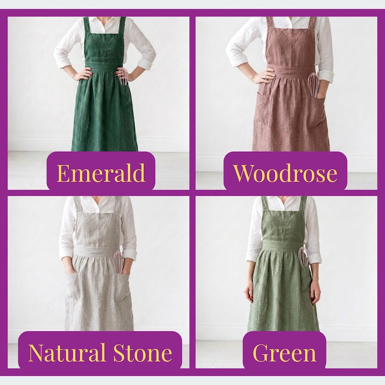 May include: Four linen aprons in different colors: emerald green, woodrose, natural stone, and green. Each apron has a square neckline, a front pocket, and adjustable straps. The aprons are displayed with the color names below each one.