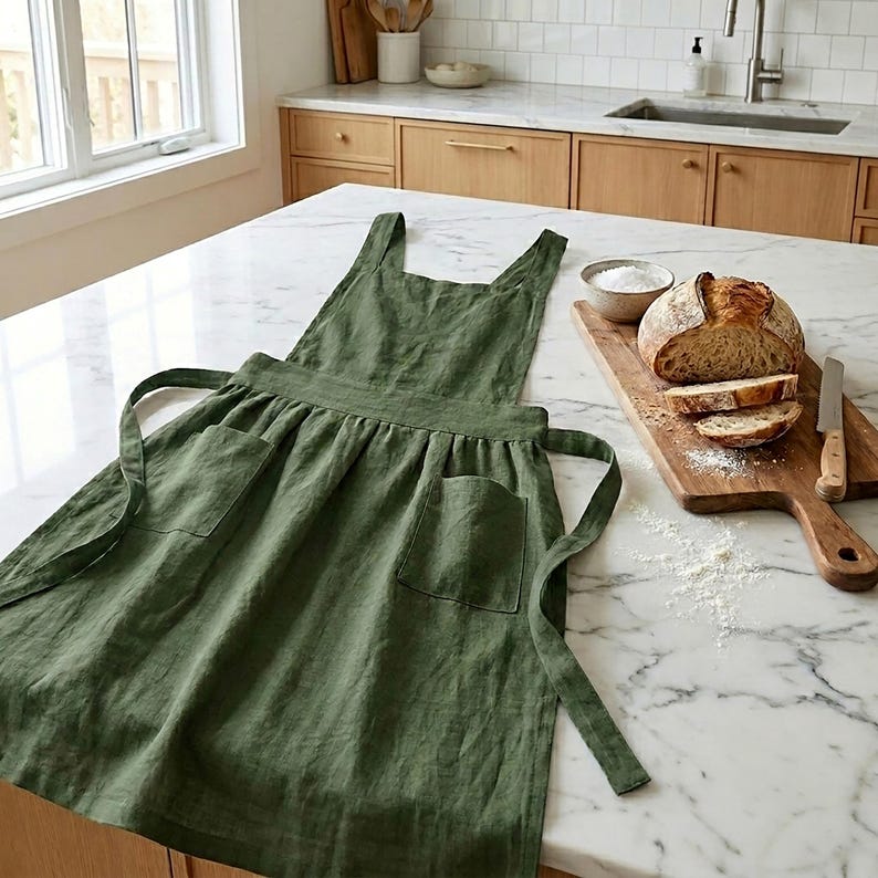 May include: An olive green linen apron with two front pockets and long waist ties. The apron is displayed on a marble countertop next to a wooden cutting board with sliced bread and a knife. A bowl of salt is also present.