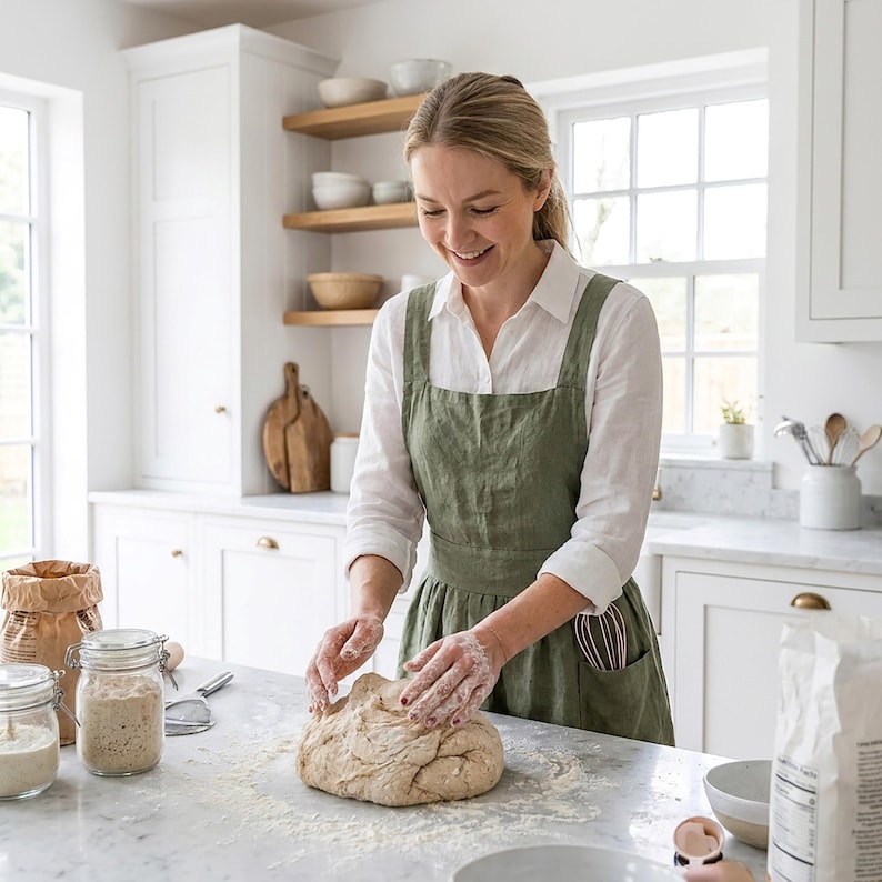 May include: A woman in a white shirt and olive green apron kneads dough on a marble countertop in a bright kitchen. Jars, flour, and baking tools are nearby. The scene suggests a focus on baking and homemade food.
