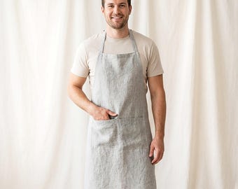 Mens Linen Apron with Pockets:for Cooking, Gardening, Baking, BBQ, Work. Fathers Day Gift, Husband Gift, Birthday Gift for Him