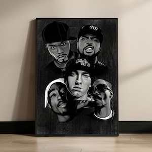 Hip Hop Legends Wall Art Poster, 90s Rap Icons Print, Black and White Music Decor for Living Room, Home Bar, Man Cave