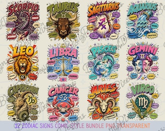 Comic Style Zodiac Signs PNG Bundle, 12 Astrology Signs Clipart, Celestial T-Shirt Designs, Sublimation PNG, Printable Zodiac Art