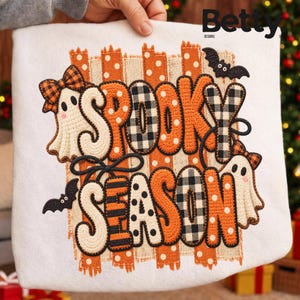 Spooky Season PNG, Crochet Halloween PNG, Patchwork Ghost Design, Orange Black Halloween Sublimation, Cute Spooky Shirt PNG
