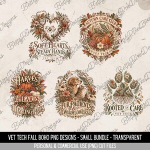 Può includere: Cinque illustrazioni digitali con disegni veterinari a tema autunnale. Gli elementi includono zucche, fogliame, stetoscopi, un cane, un gatto e impronte di zampe con il testo Autumn Care Club, Soft Hearts Steady Hands, Harvest Hearts & Healing Paws, Fur Patients & Wildflowers e Rooted in Care.
